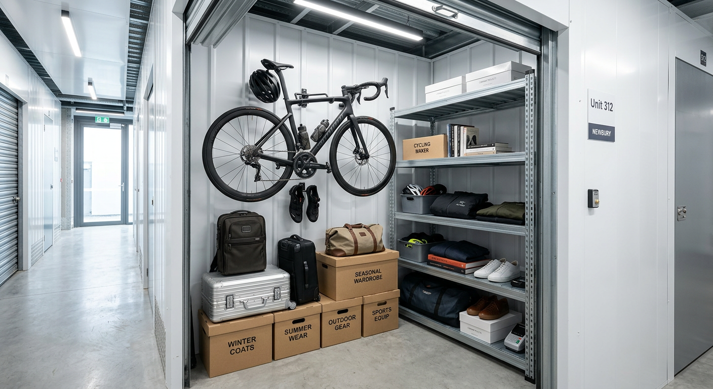 Firefly_Gemini Flash_A medium shot of a tidy storage unit containing high-quality lifestyle items like a r 674527 Tidy storage unit with a bicycle mounted on the wall, luggage and stacked boxes