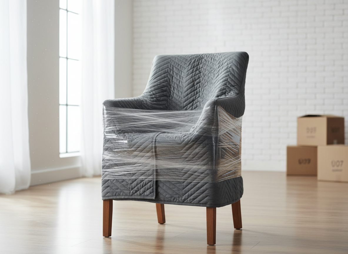 Firefly_Gemini Flash_A high-quality lifestyle photograph of a wooden dining chair professionally wrapped i 333160