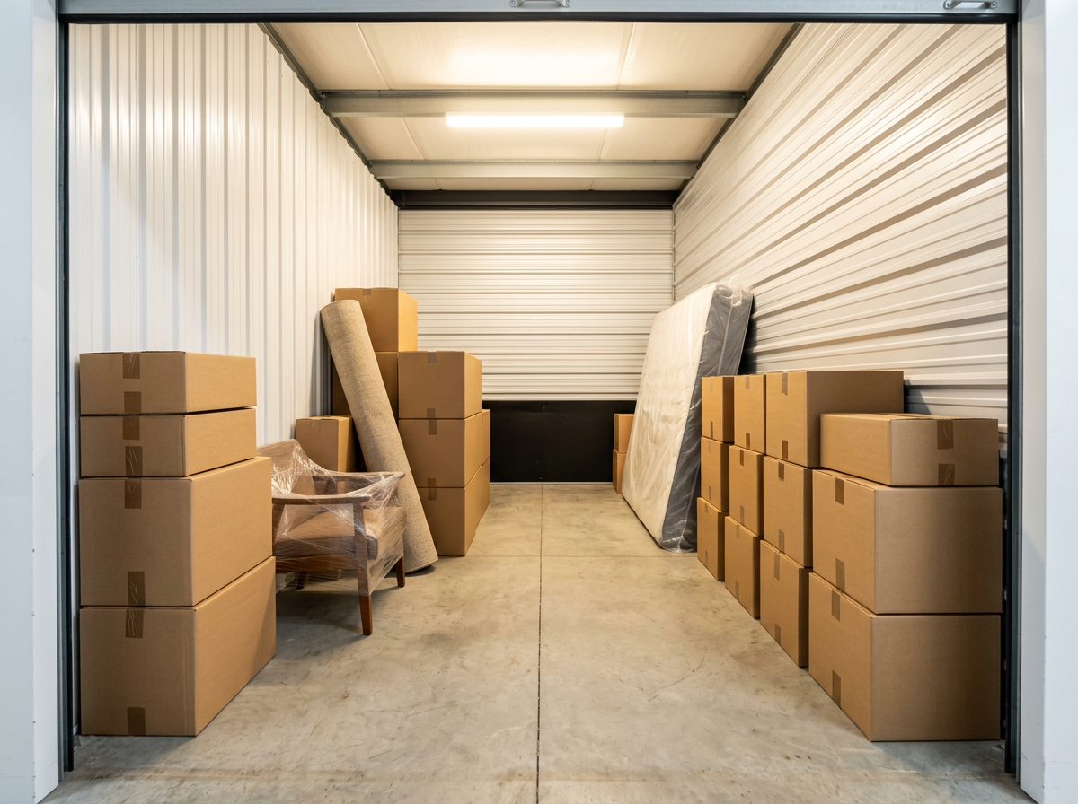 Firefly_Gemini Flash_A high-quality, wide-angle shot looking into a medium-sized indoor self-storage unit 333160