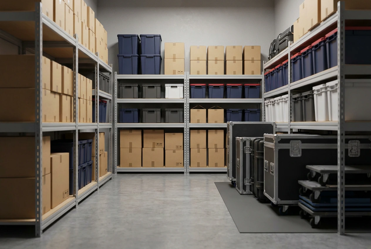 Business Storage With Racking When Shelves Make a Unit Easier to Use Organised business storage unit with racking and labelled stock boxes.
