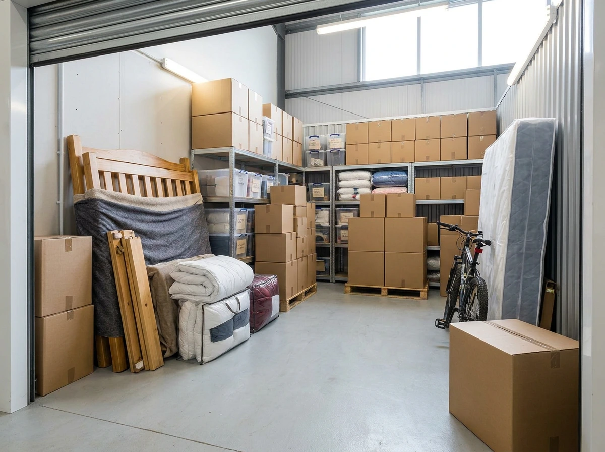How to Keep Storage Costs Down Without Choosing the Wrong Unit Efficiently packed self-storage unit with organised boxes and clear access space.