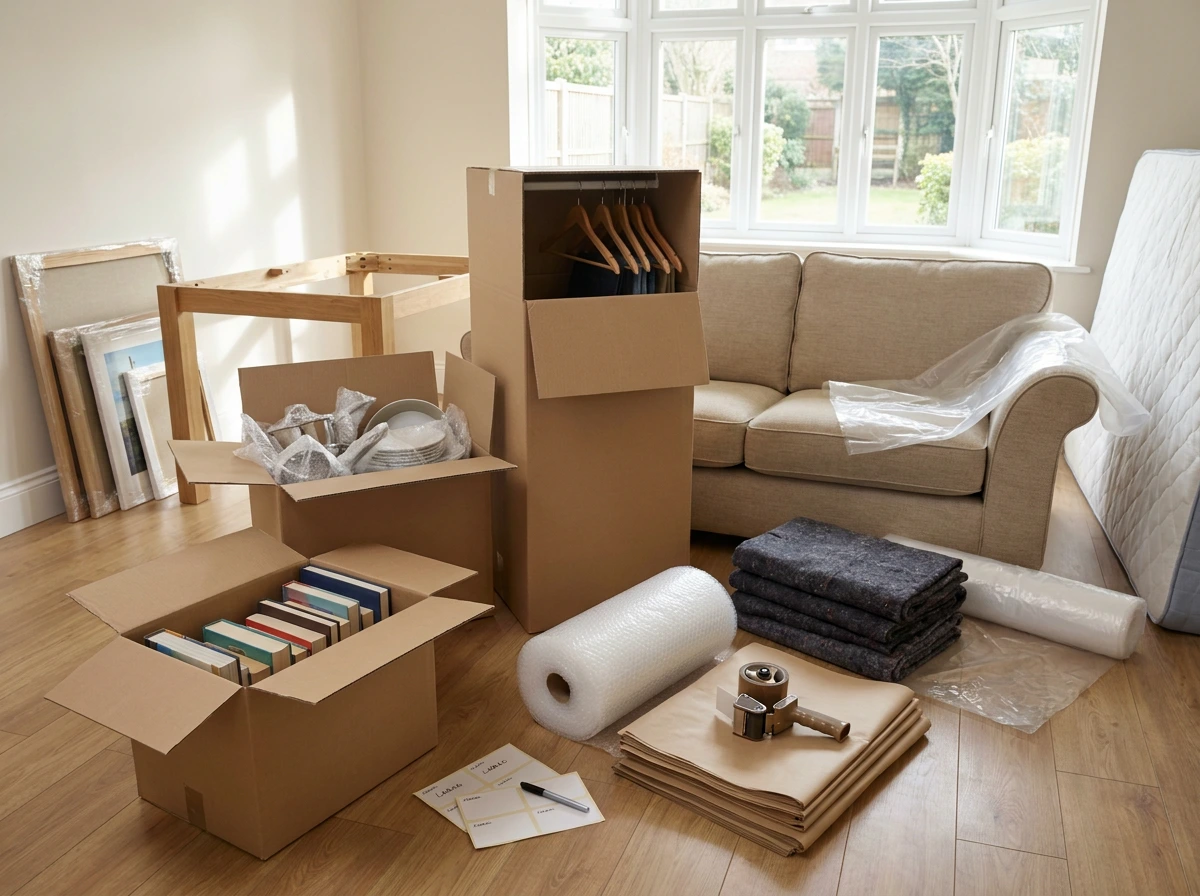Packaging Supplies for a Move Which Boxes, Tape and Covers to Buy Moving boxes and packing supplies prepared for a house move.