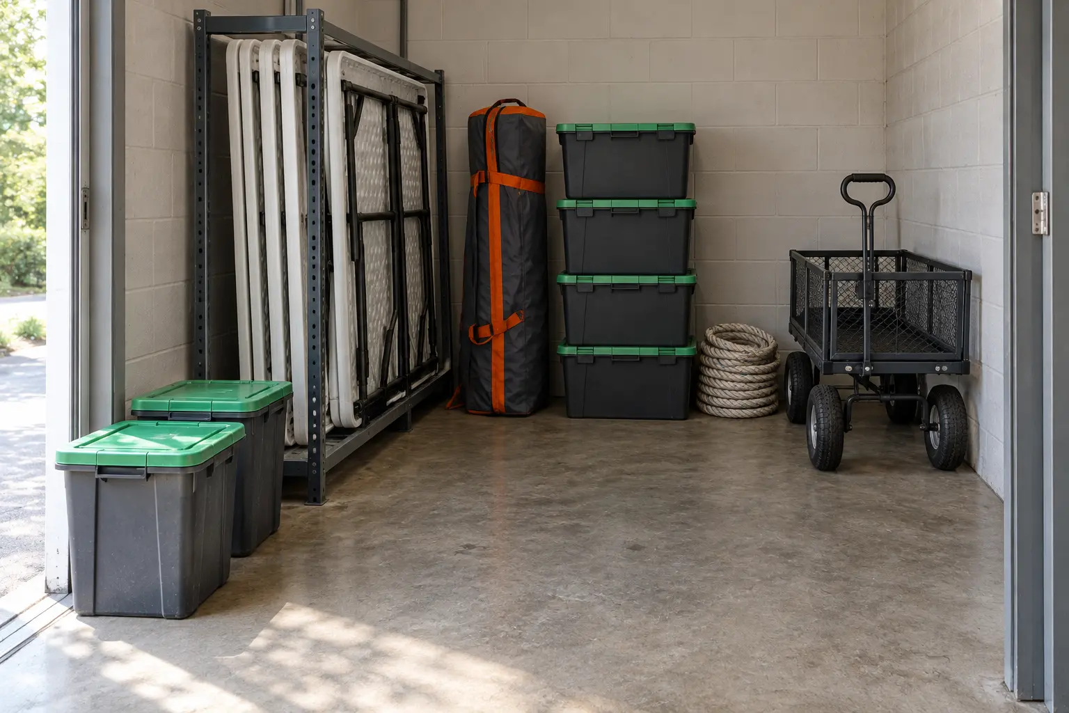 How Newbury Charities and Community Groups Can Use Flexible Storage Proposed scene of folded community-event equipment and reusable activity boxes in a generic storage unit, with two overflow boxes set apart for collection.