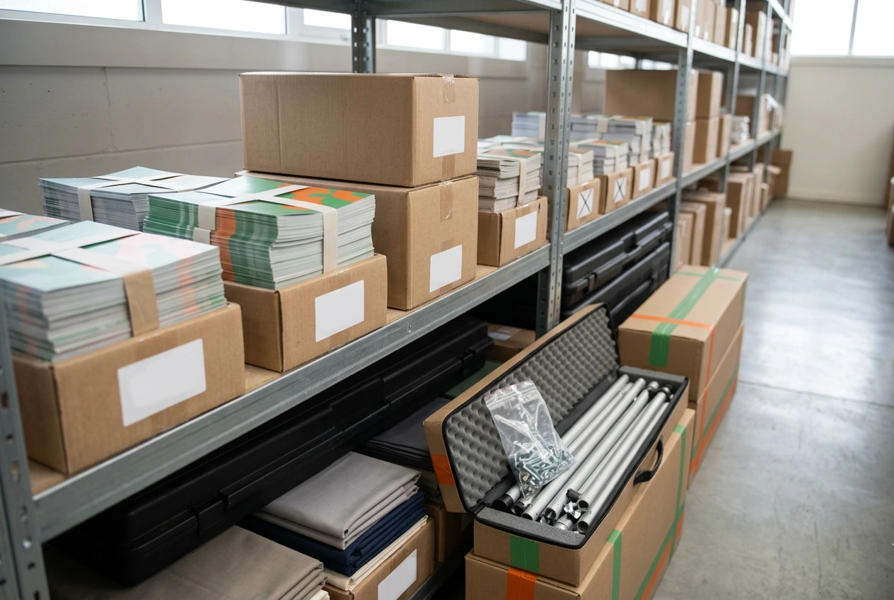 Storing Marketing Materials and Event Kit Between Campaigns Separate brochure bundles on storage shelves beside roller banner cases, folded tablecloths and a dismantled display stand.